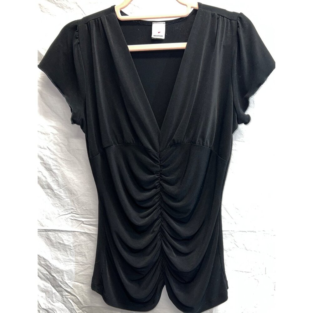 Newport Black Ruched Large V-Neck Short Sleeve Top